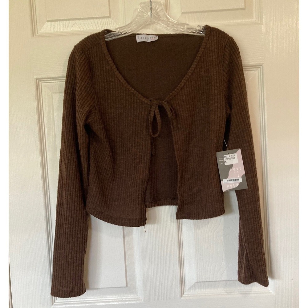 Love Poem Block Cropped Cardigan Brown Large New Coquette Ballet Fall Cozy